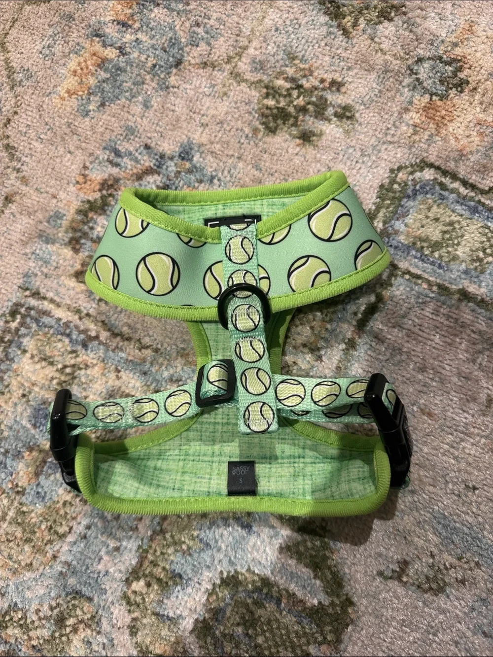 Sassy Woof • “Serving Up Sass” Tennis Ball Print Lime Green Dog Harness SMALL